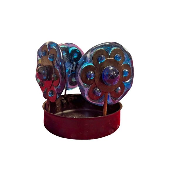 MCM Votive Candle Glass Metal Vintage Floral Holder Hippie Groovy Boho Blue - Picture 2 of 8